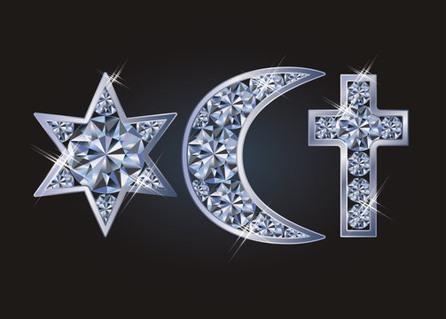 Religious symbols jewish David's star, islamic crescent, christian cross. vector illustration