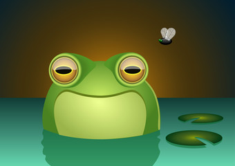 A happy frog character smiling inside of a swamp with a fly in the background. Vector illustration