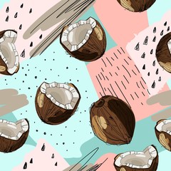 Materiał do szycia Vector seamless tropical background with ink drawn coconut. Food illustration in vintage style for print, textile, wrapping and other seamless design.