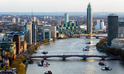 Aerial view of London skyline and the River Thames, UK
