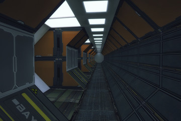 3D render. Futuristic interior corridor spaceship