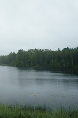 Fototapeta na wymiar misty morning on scandinavian lake with rain ripples on water, summer season