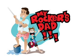 Happy Father's Day, You're My Rocker's Dad playing with broom and mop like a guitars cartoon's vector
