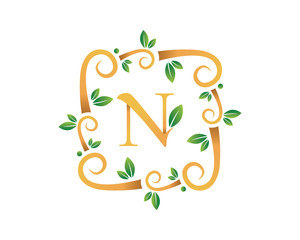 Elegant Floral N Letter With Gold Branch Logo