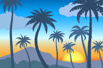 Fototapeta na wymiar landscape with palm trees silhouette on sunset background