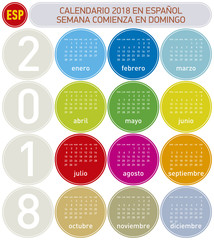 Colorful Calendar for Year 2018, in Spanish. Week starts on Sunday