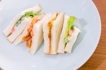 delicious sandwich with ham vegeable bread on  white dish , home made sandwich, health food