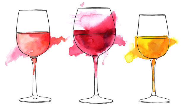 Set of vector and watercolor drawings of wine glasses