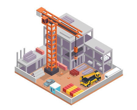 Modern Isometric Construction Site Progress Illustration, Suitable For Infographic, Games, Children Books, And Other Graphic Related Assets.