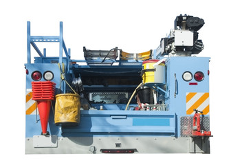 Isolated rear end of blue utility maintenance truck.