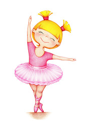 hands drawn picture of little beautiful girl ballet dancer in pink dress on white background by the color pencils © olha_oleskova