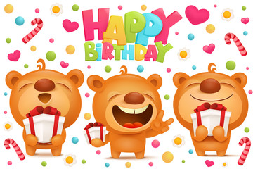 Naklejka premium Cartoon teddy bear characters collection with gift boxes