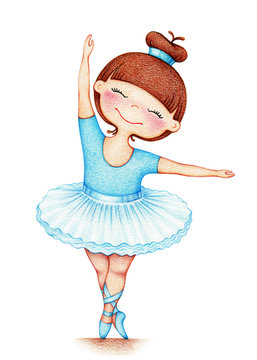 hands drawn picture of little beautiful girl ballet dancer in blue dress on white background by the color pencils