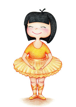 hands drawn picture of little beautiful girl ballet dancer in yellow dress on white background by the color pencils