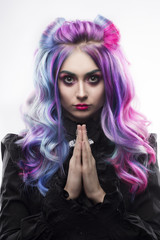the gothic multi-colored hair girl on a white background