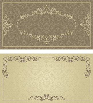 Vintage ornate cards in oriental style. Golden Eastern floral decor. Template frame for greeting card and wedding invitation. Ornate vector border and place for your text.