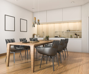 3d rendering wood loft kitchen with bar and living zone
