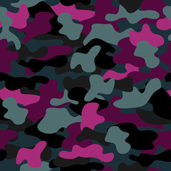 Camouflage seamless pattern in a pink, violet, black and grey colors.