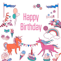 Happy birthday holiday card with balloons, rainbow, ice-cream, unicorn, cloud and fireworks