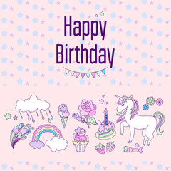 Happy birthday holiday card with stars, flags, rainbow, ice-cream, unicorn and cloud