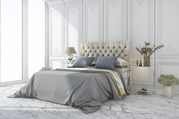 3d rendering luxury blue bed in white classic bedroom