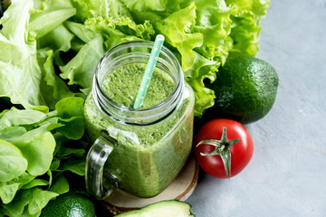 Green smoothie Avocado smoothie Diet eating Healthy food Top view Copy space