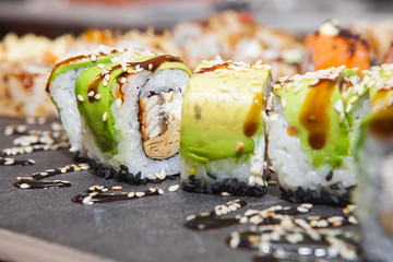Sushi roll with salmon and shrimp