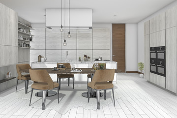 3d rendering dining set in wood kitchen and living design