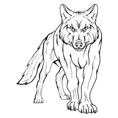Vector sketch of a wolf. Business sign logotype wolf face. Sketch of a tattoo wolf. Forest predatory beast dangerous wolf