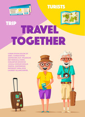 Old couple in travel. Journey of grandparents. Cartoon vector illustration