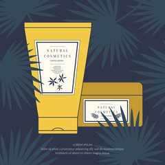 Vector illustration of jars, tubes for natural cosmetics on the background of palm leaves