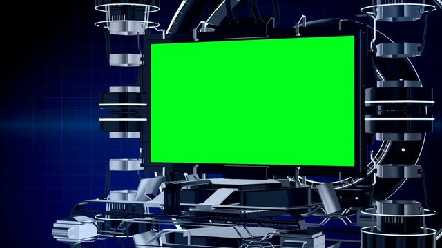 Seamless 3d animation news reporting screen television or media program interface with mechanical stage in chroma key green screen video production background in modern futuristic technology loop