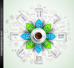 Infograph background template with a fresh coffee on table with infographic sketches