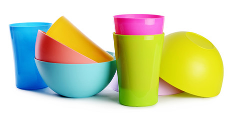 Colorful plastic cups and plates