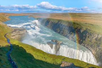 Amazing Gullfoss waterfall with rainbow, Iceland