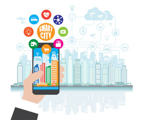 Obraz premium Smartphone in hand helps to focus in a smart city with advanced smart services, and augmented reality, social networking