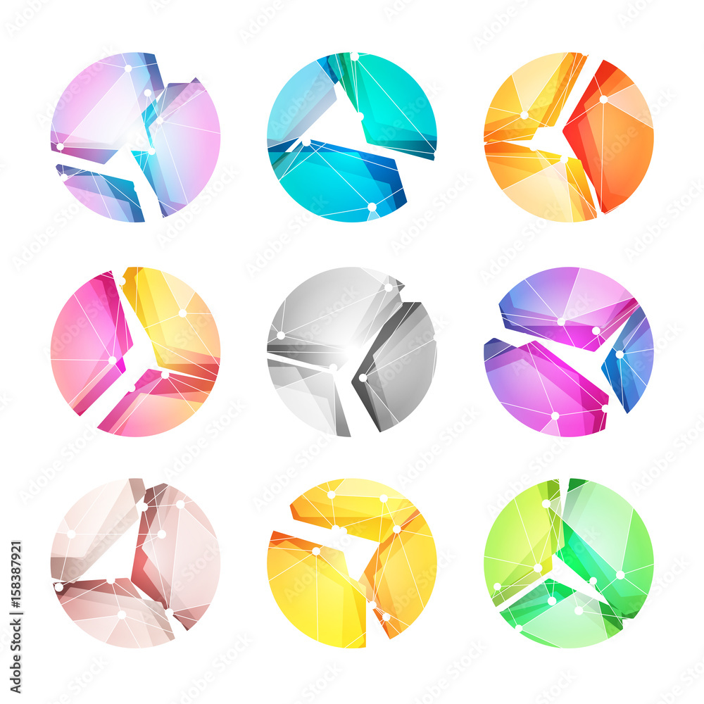 Poster vector logos set, putting together abstract geometric bright and colored shapes. technology logo, di