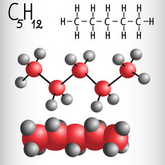 Obraz premium Chemical formula and molecule model of Pentane C5H12