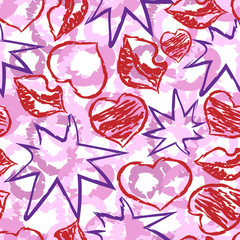 Seamless hearts pattern, lips and stars, outline icons and shapes, paint texture. Vector illustration.