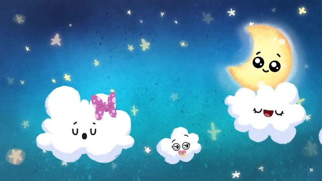 Cielo de noche infantil. Nubes, estrellas y luna