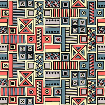 Seamless vector pattern. Colorful geometrical background with hand drawn decorative tribal elements. Print with ethnic, folk, traditional motifs. Graphic vector illustration.