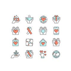 Vector Icon Style Illustration Set of Graphic Elements for Nonprofit Organizations and Donation Centre. Fundraising Symbols, Crowdfunding Project Label, Charity Logo, Cooperation, Volunteer, Support