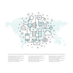 Vector Icon Style Illustration of Internet E-Mail or Mobile Notifications and Offer Marketing and Social Campaign. Promotion Process Concept Worldwide with Dot World Map