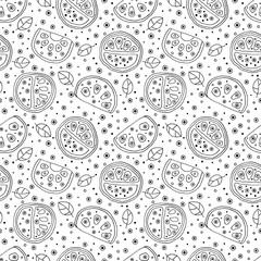 Seamless vector hand drawn childish pattern with fruits. Cute childlike watermelon with leaves, seeds, drops. Doodle, sketch, cartoon style background. Line drawing Endless repeat swatch