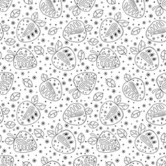 Seamless vector hand drawn childish pattern with fruits. Cute childlike strawberries with leaves, seeds, drops. Doodle, sketch, cartoon style background. Line drawing Endless repeat swatch