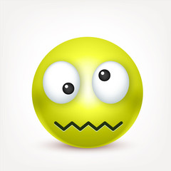 Smiley, green crazy emoticon. Yellow face with emotions. Facial expression. 3d realistic emoji. Funny cartoon character.Mood. Web icon. Vector illustration.