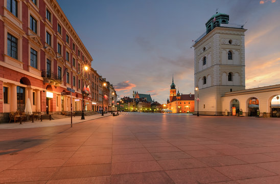 Royal castle and old town square at sunrise in Poland
