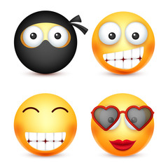 Smiley set, ninja, happy emoticon. Yellow face with emotions. Facial expression. 3d realistic emoji. Funny cartoon character.Mood. Web icon. Vector illustration.