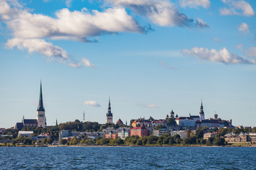 Fototapeta premium Scenic summer view of the Old Town architecture and sea old harbor in Tallinn, Estonia