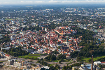 Scenic summer aerial shot of the Old Town in Tallinn, Estonia
